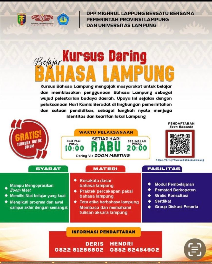 Dukung Kamis Beradat, Kursus Gratis Bahasa Lampung Digeber