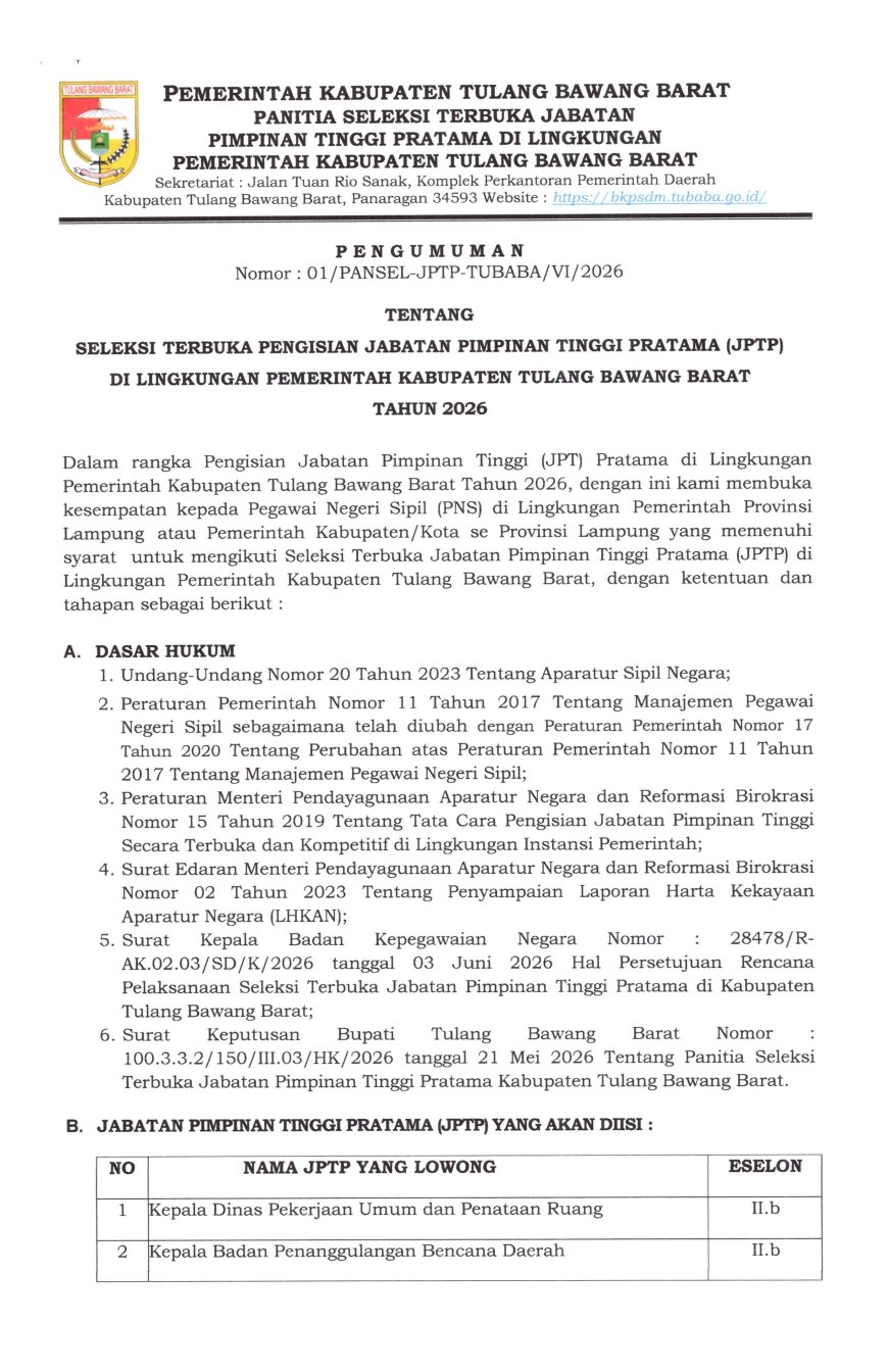 PENGUMUMAN SELEKSI TERBUKA PENGISIAN JABATAN PIMPINAN TINGGI PRATAMA (JPTP) DI LINGKUNGAN PEMERINTAH KABUPATEN TULANG BAWANG BARAT 2026